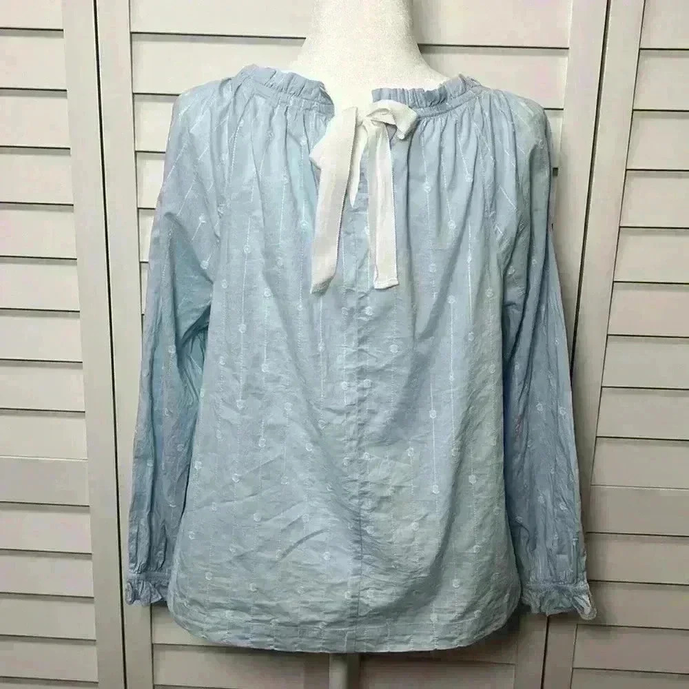 J. Crew Embroidered Ruffle Tie Back Long Sleeve Top Size M Light Blue & White - Picture 6 of 8